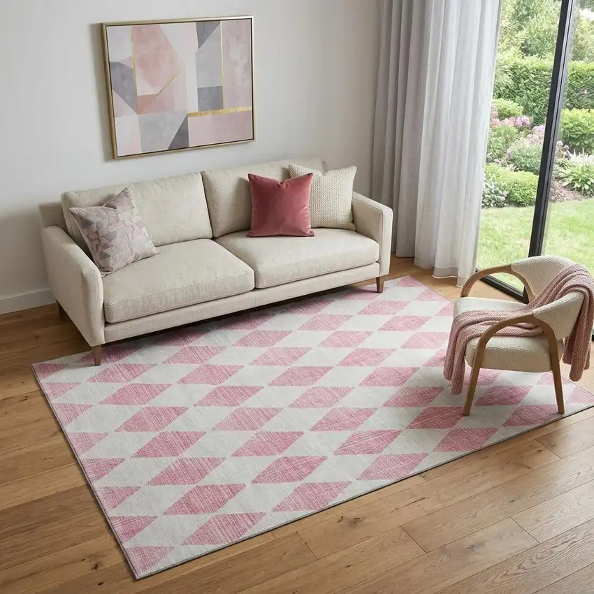 Pink And Ivory Diamond Washable Area Rug With UV Protection Photo 1