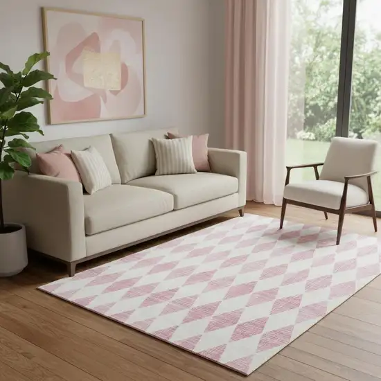 Pink And Ivory Diamond Washable Area Rug With UV Protection Photo 1
