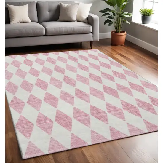 Pink And Ivory Diamond Washable Area Rug With UV Protection Photo 2