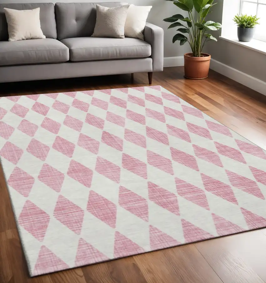 Pink And Ivory Diamond Washable Area Rug With UV Protection Photo 2