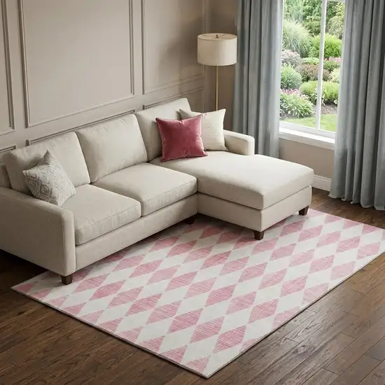 Pink And Ivory Diamond Washable Area Rug With UV Protection Photo 1