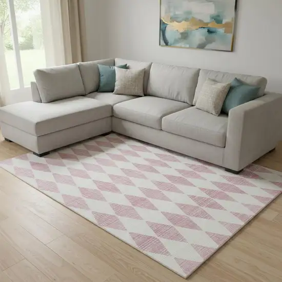 Pink And Ivory Diamond Washable Area Rug With UV Protection Photo 1