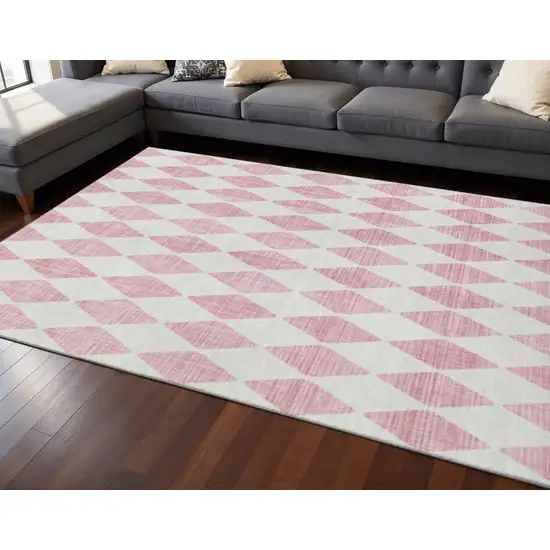 Pink And Ivory Diamond Washable Area Rug With UV Protection Photo 2