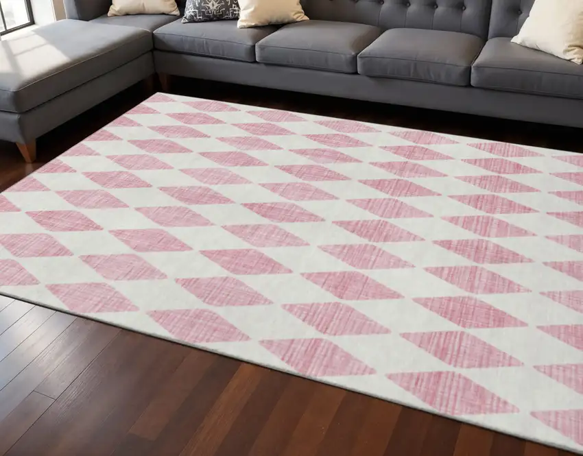 Pink And Ivory Diamond Washable Area Rug With UV Protection Photo 2