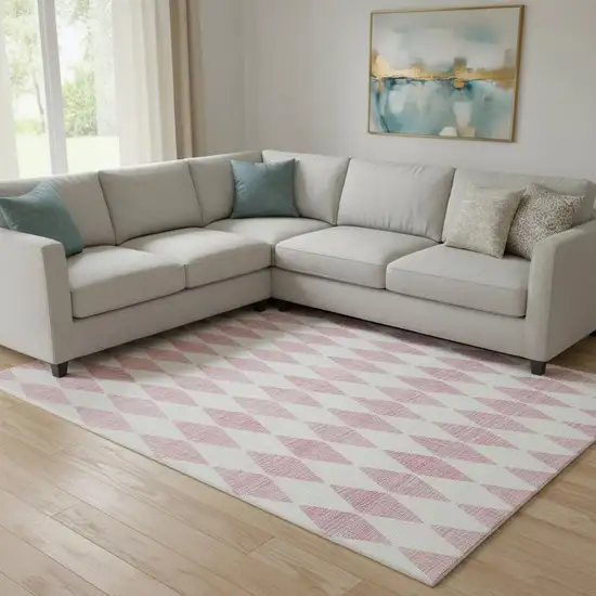 Pink And Ivory Diamond Washable Area Rug With UV Protection Photo 1