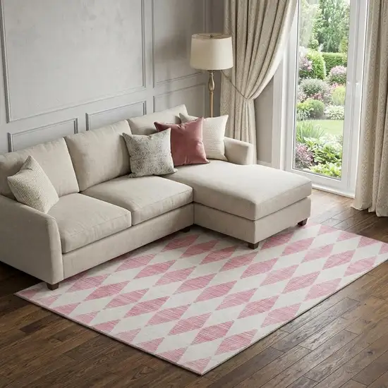 Pink And Ivory Diamond Washable Area Rug With UV Protection Photo 1