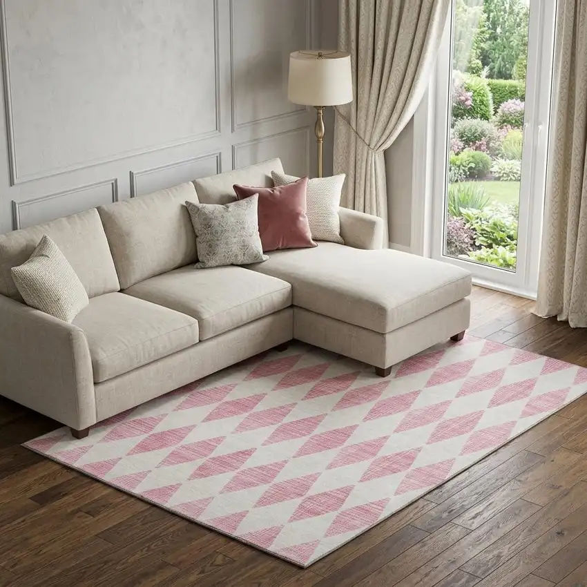 Pink And Ivory Diamond Washable Area Rug With UV Protection Photo 1