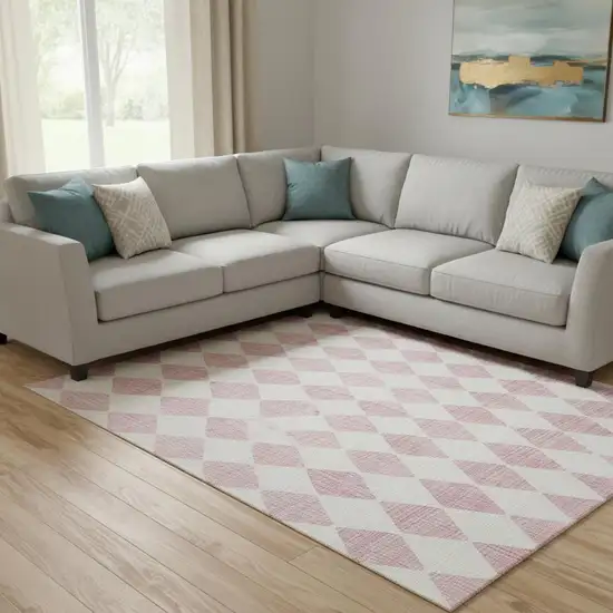 Pink And Ivory Diamond Washable Area Rug With UV Protection Photo 1