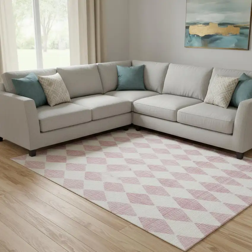 Pink And Ivory Diamond Washable Area Rug With UV Protection Photo 1