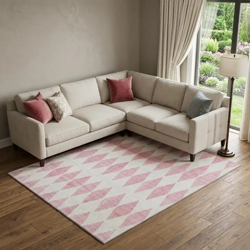 Pink And Ivory Diamond Washable Area Rug With UV Protection Photo 1