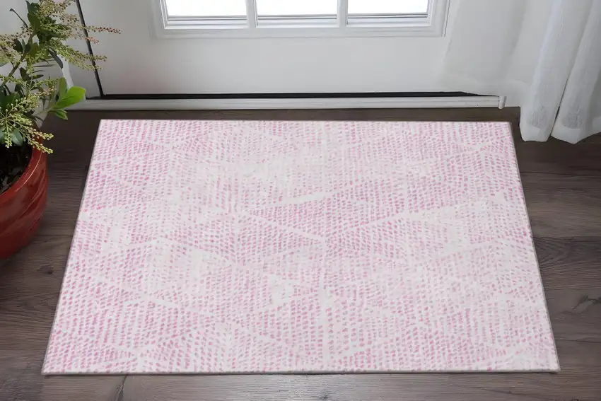 Pink And Ivory Diamond Washable Area Rug With UV Protection Photo 2