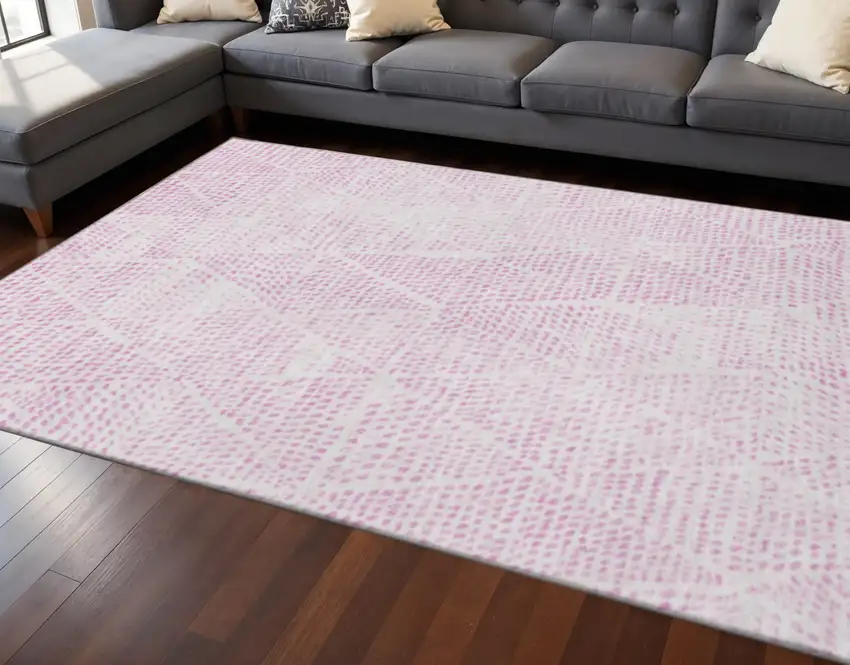 Pink And Ivory Diamond Washable Area Rug With UV Protection Photo 2
