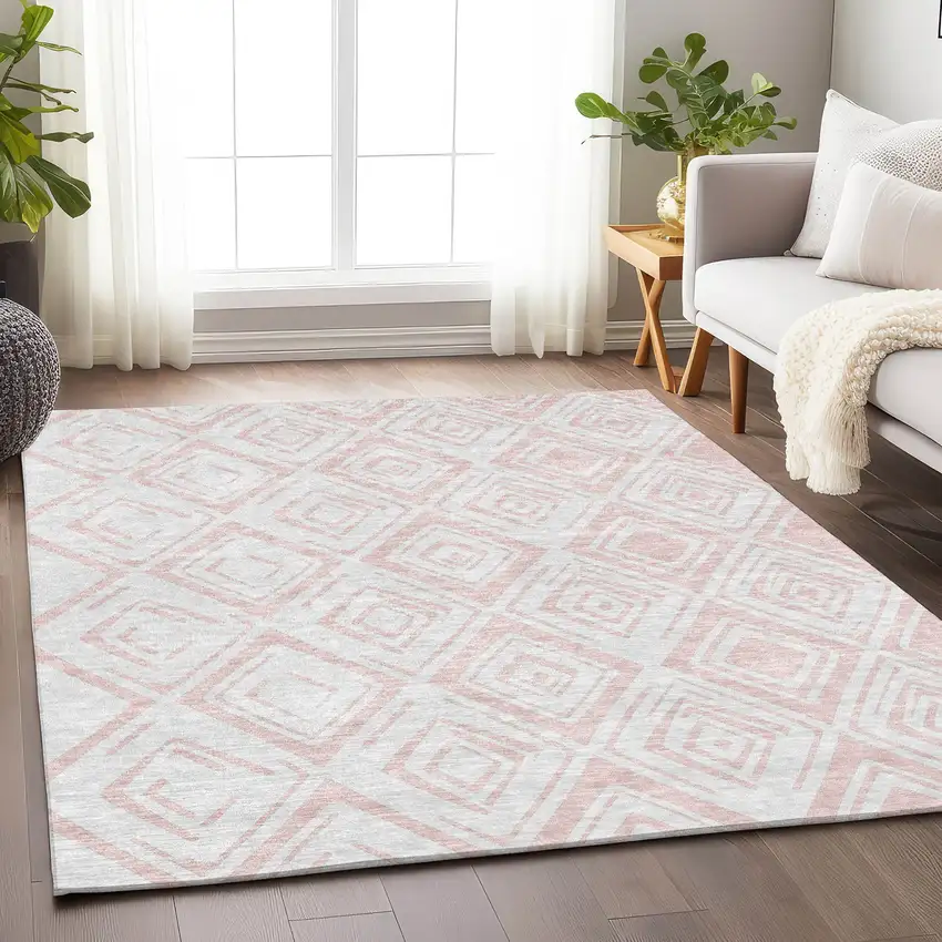 Pink And Ivory Diamond Washable Area Rug With UV Protection Photo 5