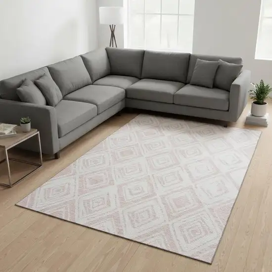 Pink And Ivory Diamond Washable Area Rug With UV Protection Photo 2