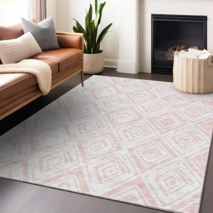 Pink And Ivory Diamond Washable Area Rug With UV Protection Photo 6