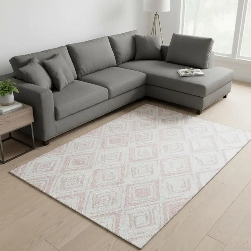 Pink And Ivory Diamond Washable Area Rug With UV Protection Photo 2