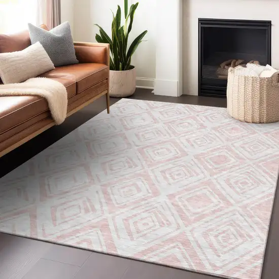 Pink And Ivory Diamond Washable Area Rug With UV Protection Photo 6
