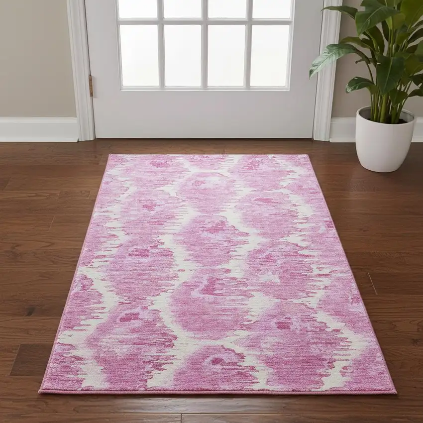 Pink And Ivory Diamond Washable Area Rug With UV Protection Photo 2