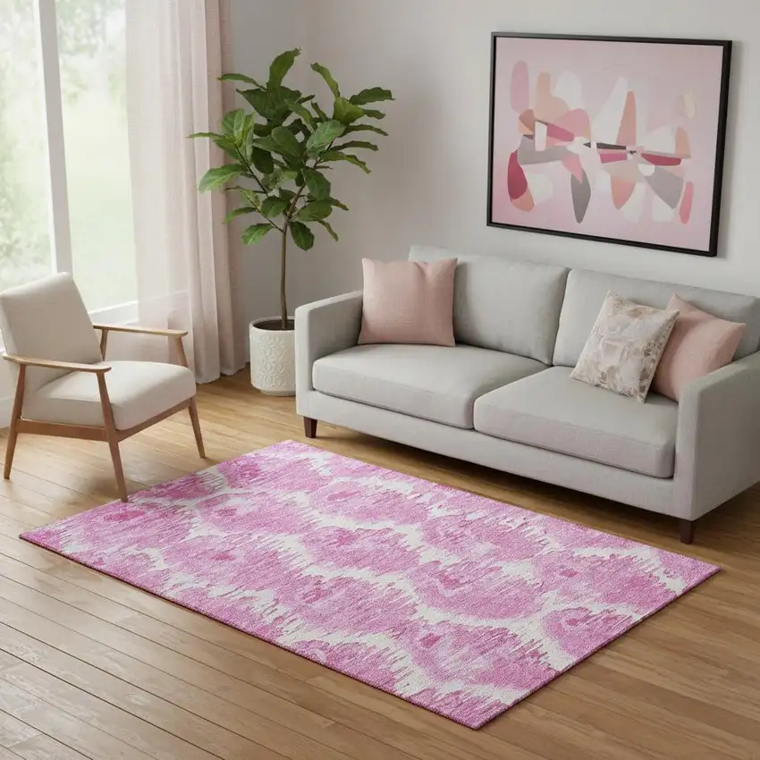 Pink And Ivory Diamond Washable Area Rug With UV Protection Photo 1