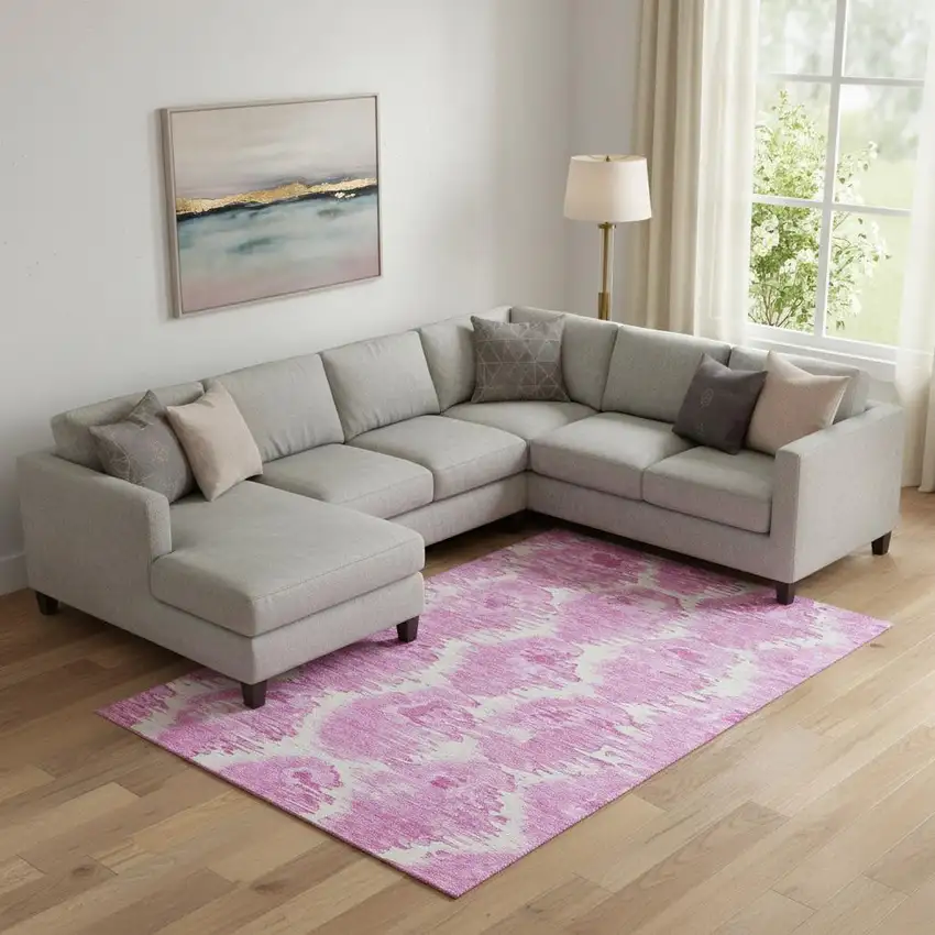 Pink And Ivory Diamond Washable Area Rug With UV Protection Photo 1