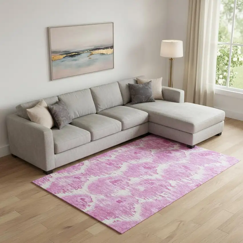 Pink And Ivory Diamond Washable Area Rug With UV Protection Photo 1