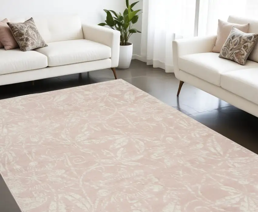 Pink And Ivory Floral Distressed Area Rug Photo 1