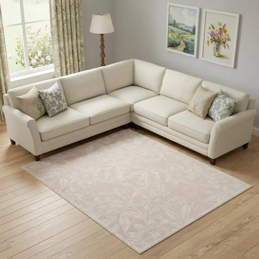 Pink And Ivory Floral Distressed Area Rug Photo 1