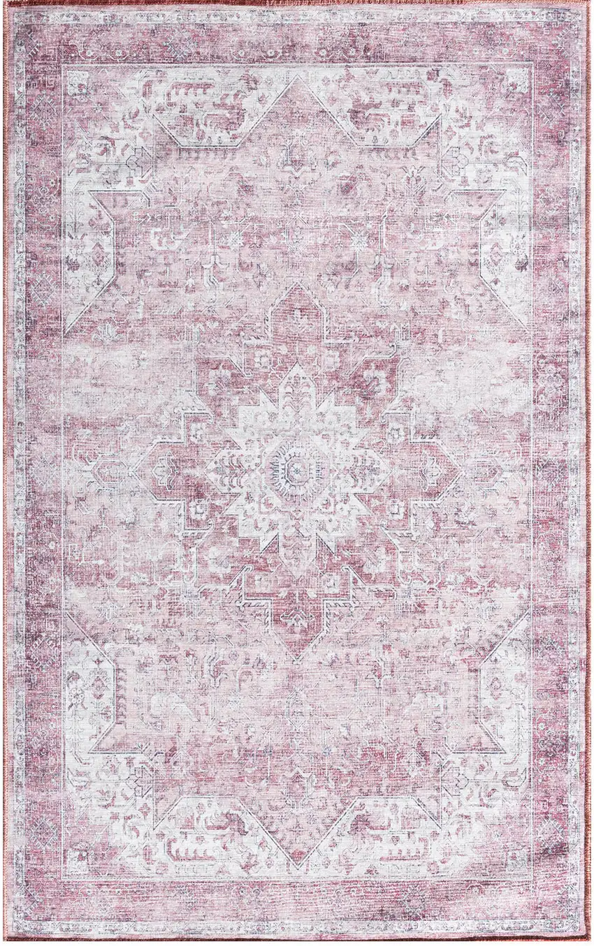 Pink And Ivory Floral Distressed Area Rug Photo 7