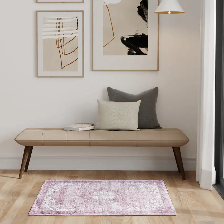 Pink And Ivory Floral Distressed Area Rug Photo 5