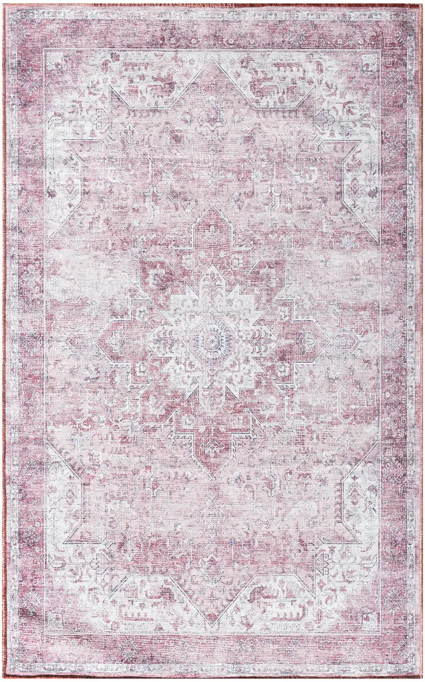 Pink And Ivory Floral Distressed Area Rug Photo 8