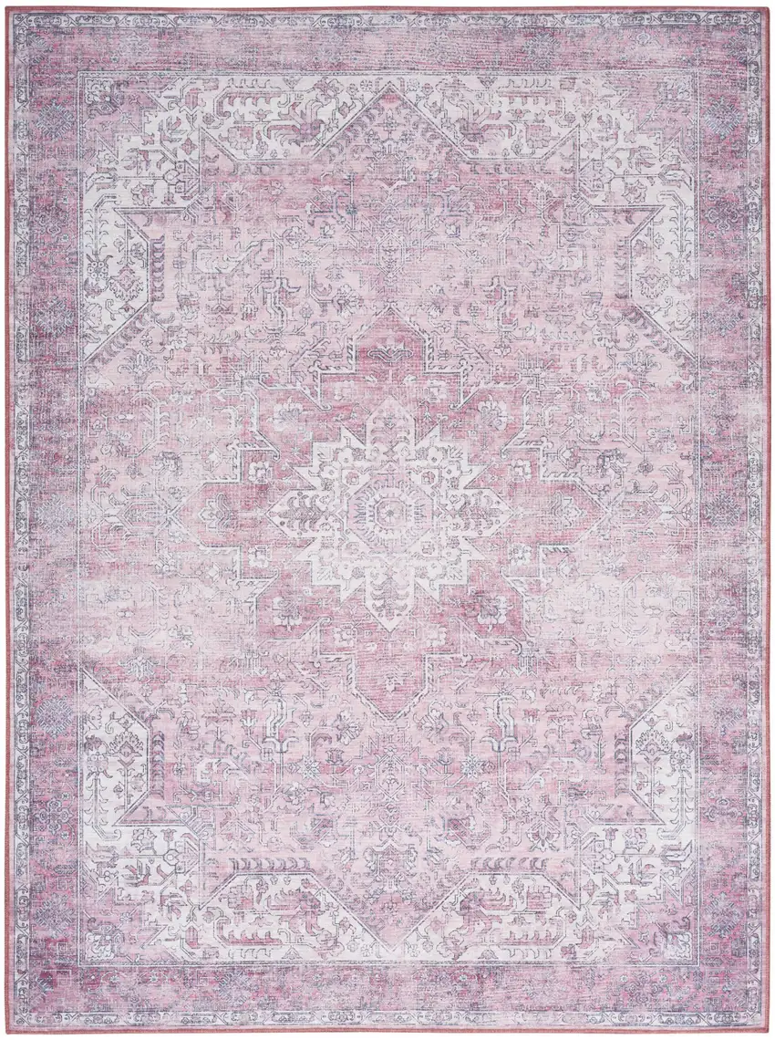 Pink And Ivory Floral Distressed Area Rug Photo 7