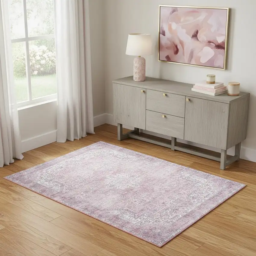 Pink And Ivory Floral Distressed Area Rug Photo 1