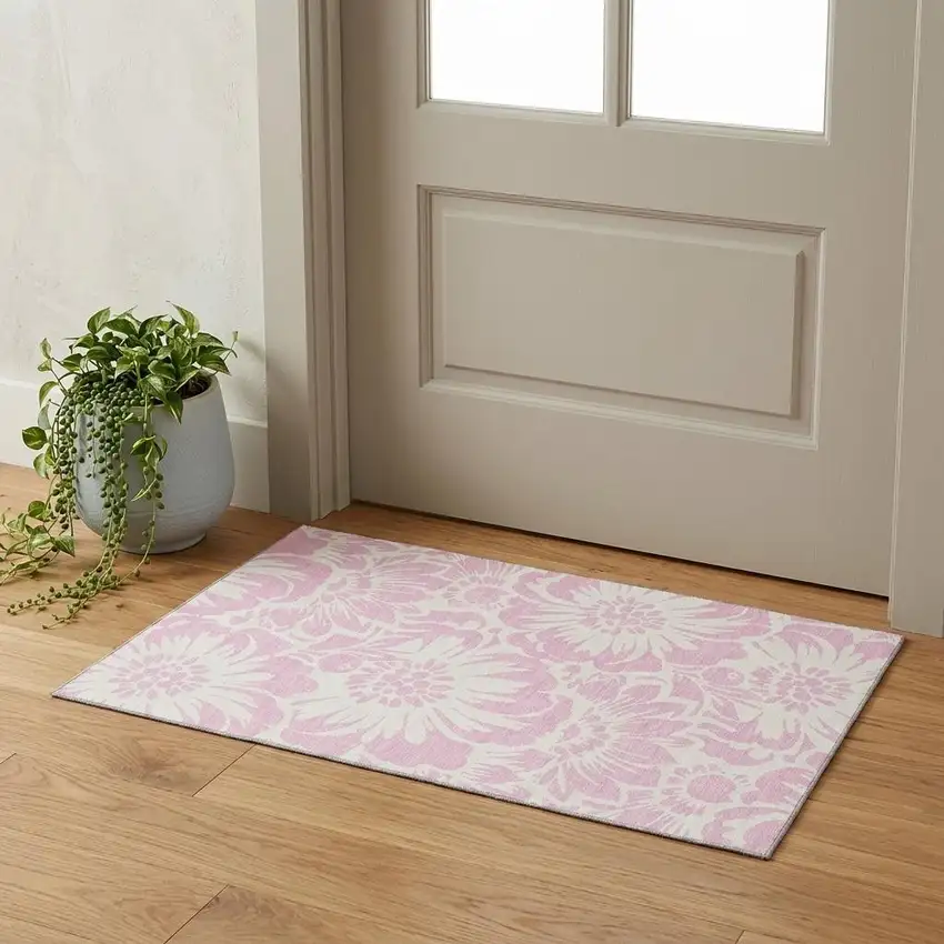 Pink And Ivory Floral Washable Area Rug With UV Protection Photo 1
