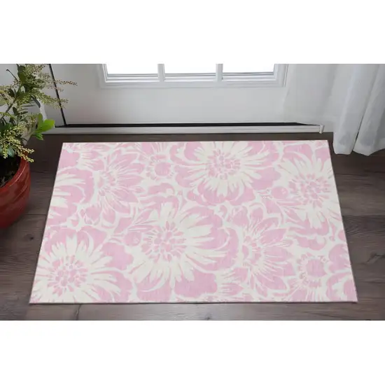 Pink And Ivory Floral Washable Area Rug With UV Protection Photo 2