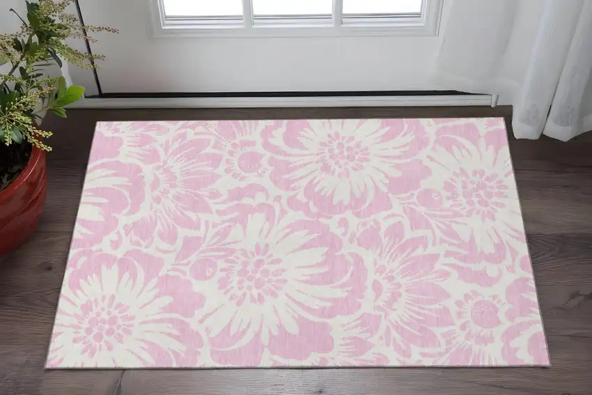 Pink And Ivory Floral Washable Area Rug With UV Protection Photo 2