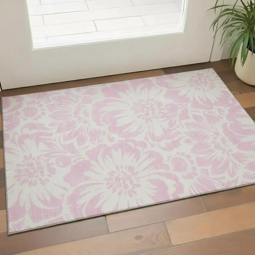 Pink And Ivory Floral Washable Area Rug With UV Protection Photo 1