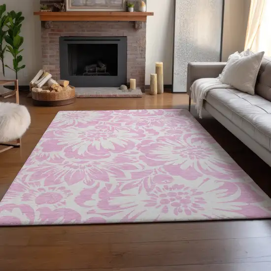 Pink And Ivory Floral Washable Area Rug With UV Protection Photo 6