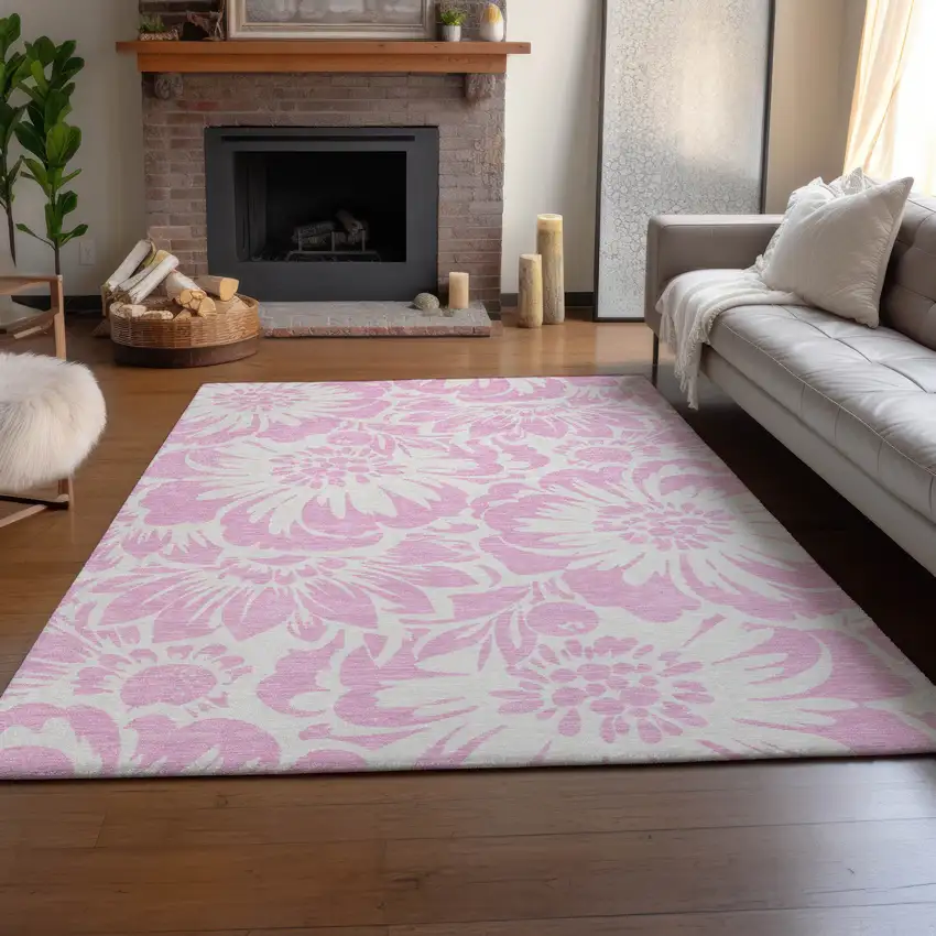 Pink And Ivory Floral Washable Area Rug With UV Protection Photo 6