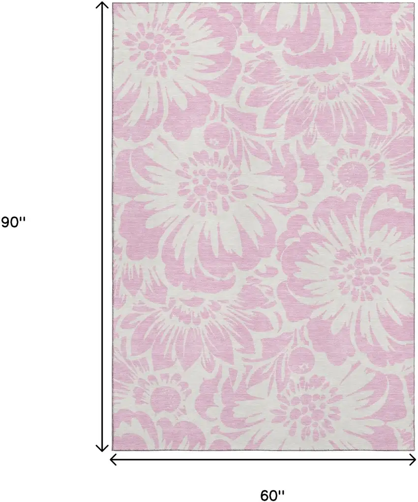 Pink And Ivory Floral Washable Area Rug With UV Protection Photo 3