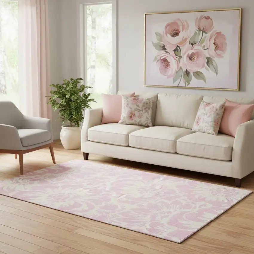 Pink And Ivory Floral Washable Area Rug With UV Protection Photo 1