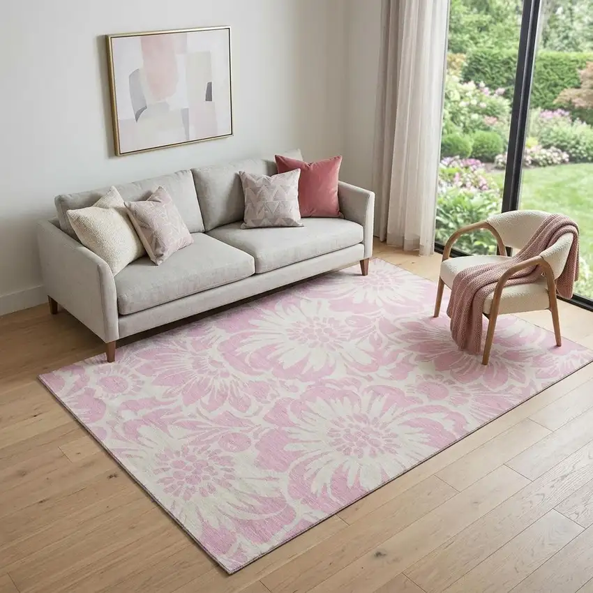 Pink And Ivory Floral Washable Area Rug With UV Protection Photo 1
