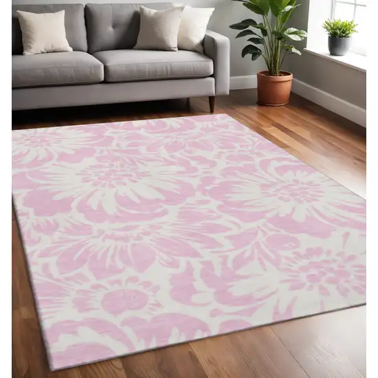 Pink And Ivory Floral Washable Area Rug With UV Protection Photo 2