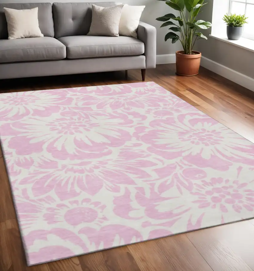 Pink And Ivory Floral Washable Area Rug With UV Protection Photo 2