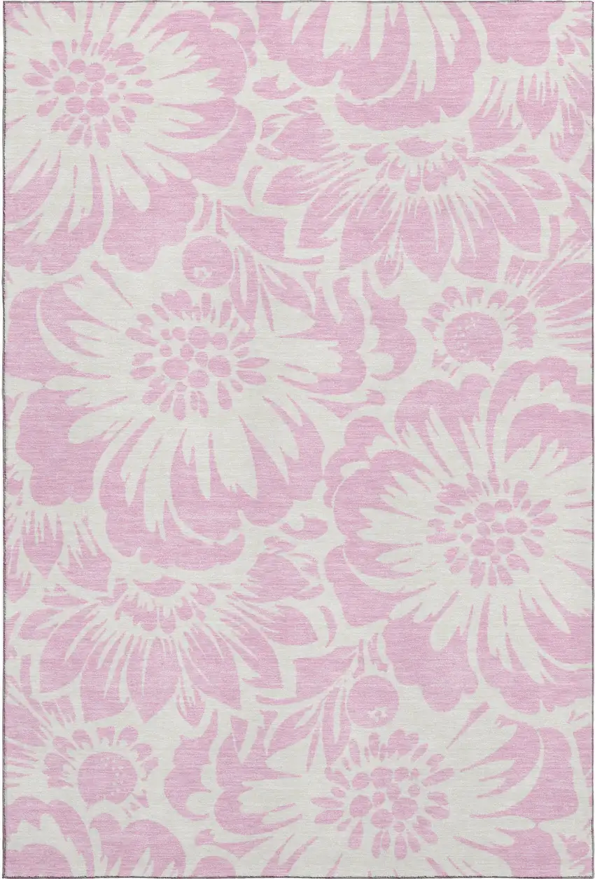 Pink And Ivory Floral Washable Area Rug With UV Protection Photo 1