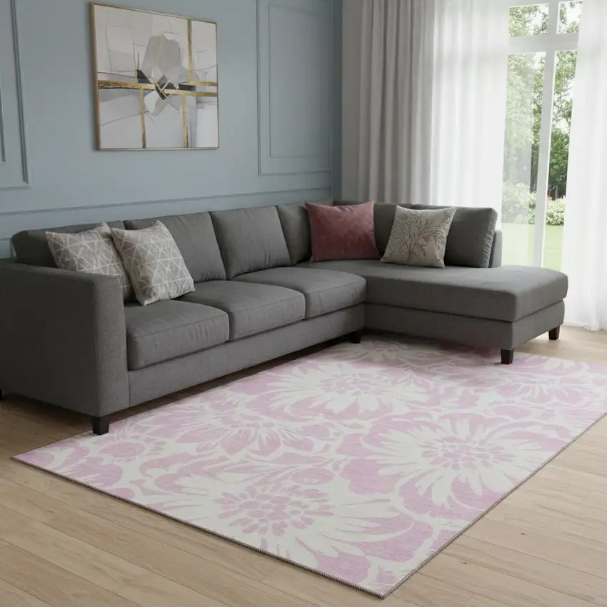 Pink And Ivory Floral Washable Area Rug With UV Protection Photo 1