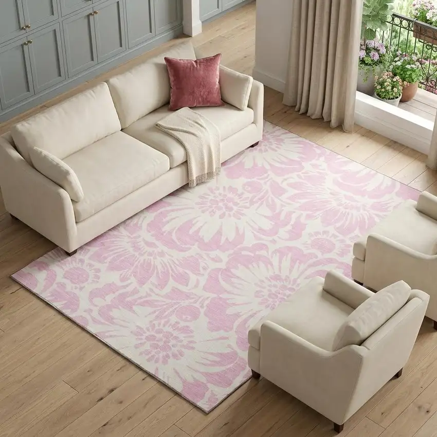 Pink And Ivory Floral Washable Area Rug With UV Protection Photo 1