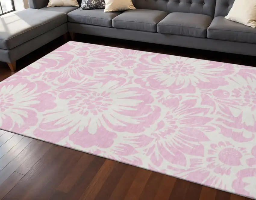 Pink And Ivory Floral Washable Area Rug With UV Protection Photo 2