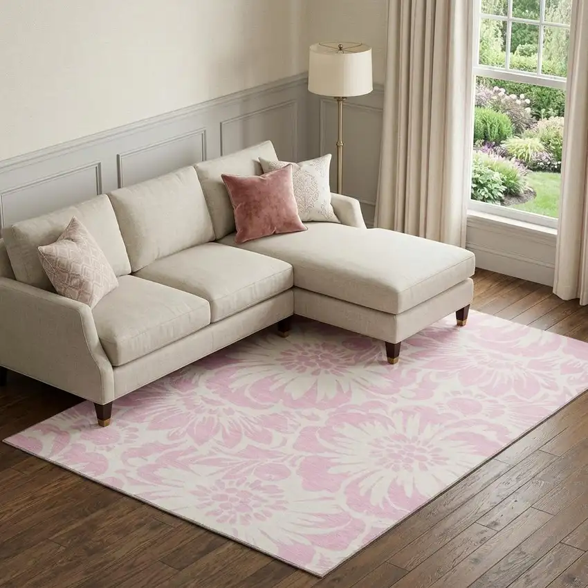 Pink And Ivory Floral Washable Area Rug With UV Protection Photo 1