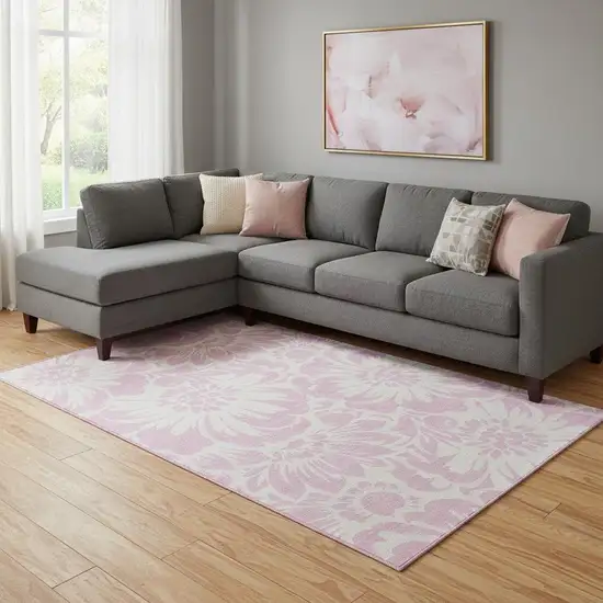 Pink And Ivory Floral Washable Area Rug With UV Protection Photo 1