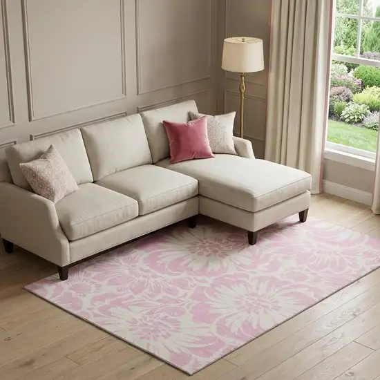 Pink And Ivory Floral Washable Area Rug With UV Protection Photo 1